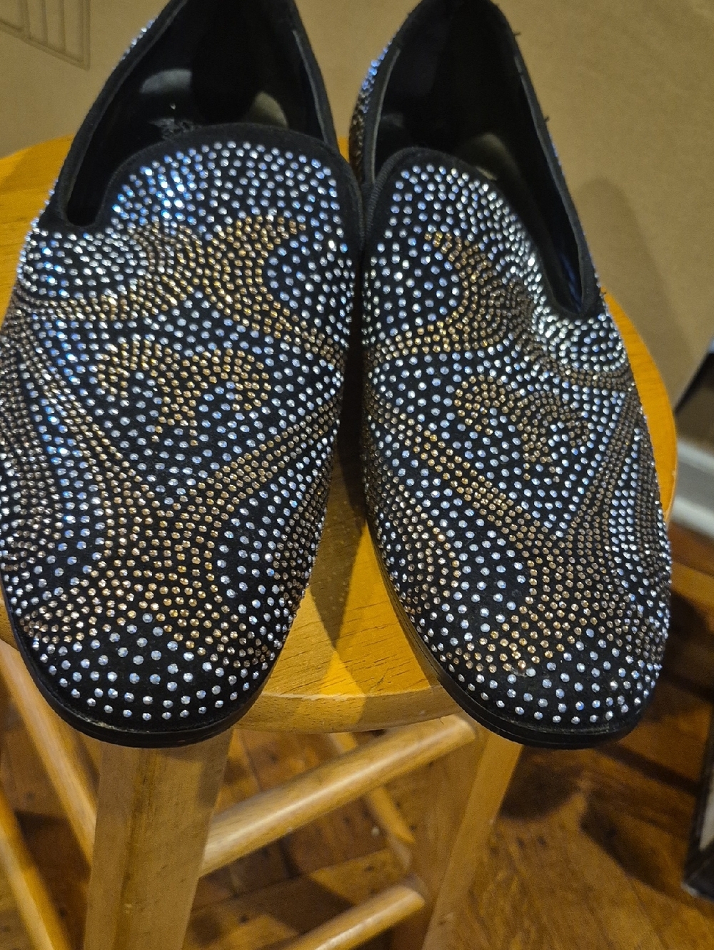 Men's Black Slip-On Loafers with Gold & Silver Crystal Design